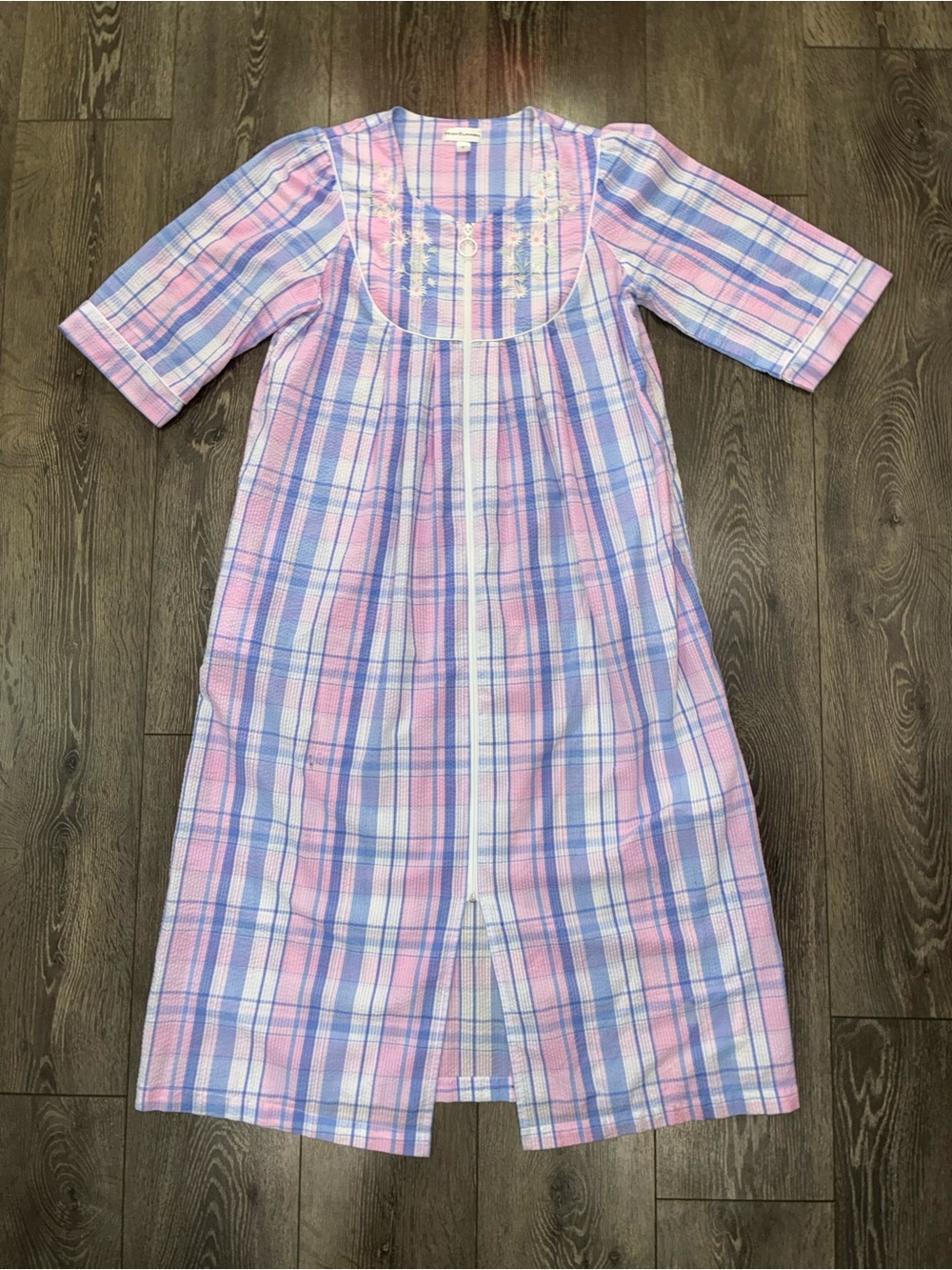Miss Elaine House Coat Pink & Blue Plaid Cotton Nightgown - Size Medium
